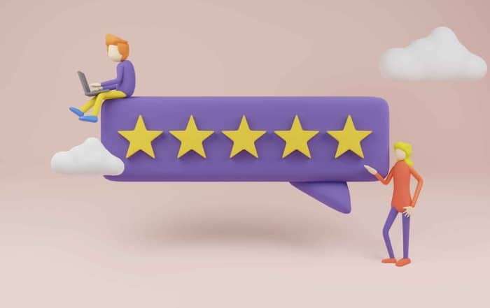 purple bar with five gold stars and two people