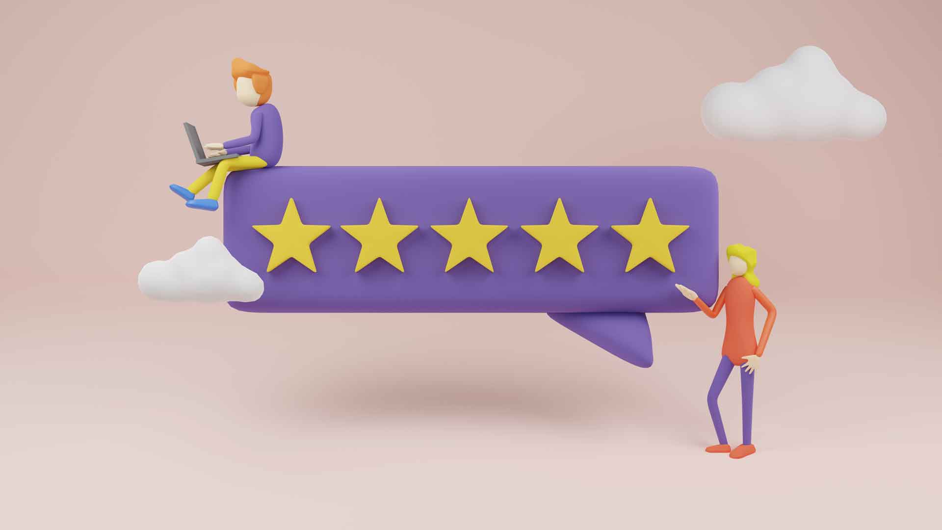 purple bar with five gold stars and two people